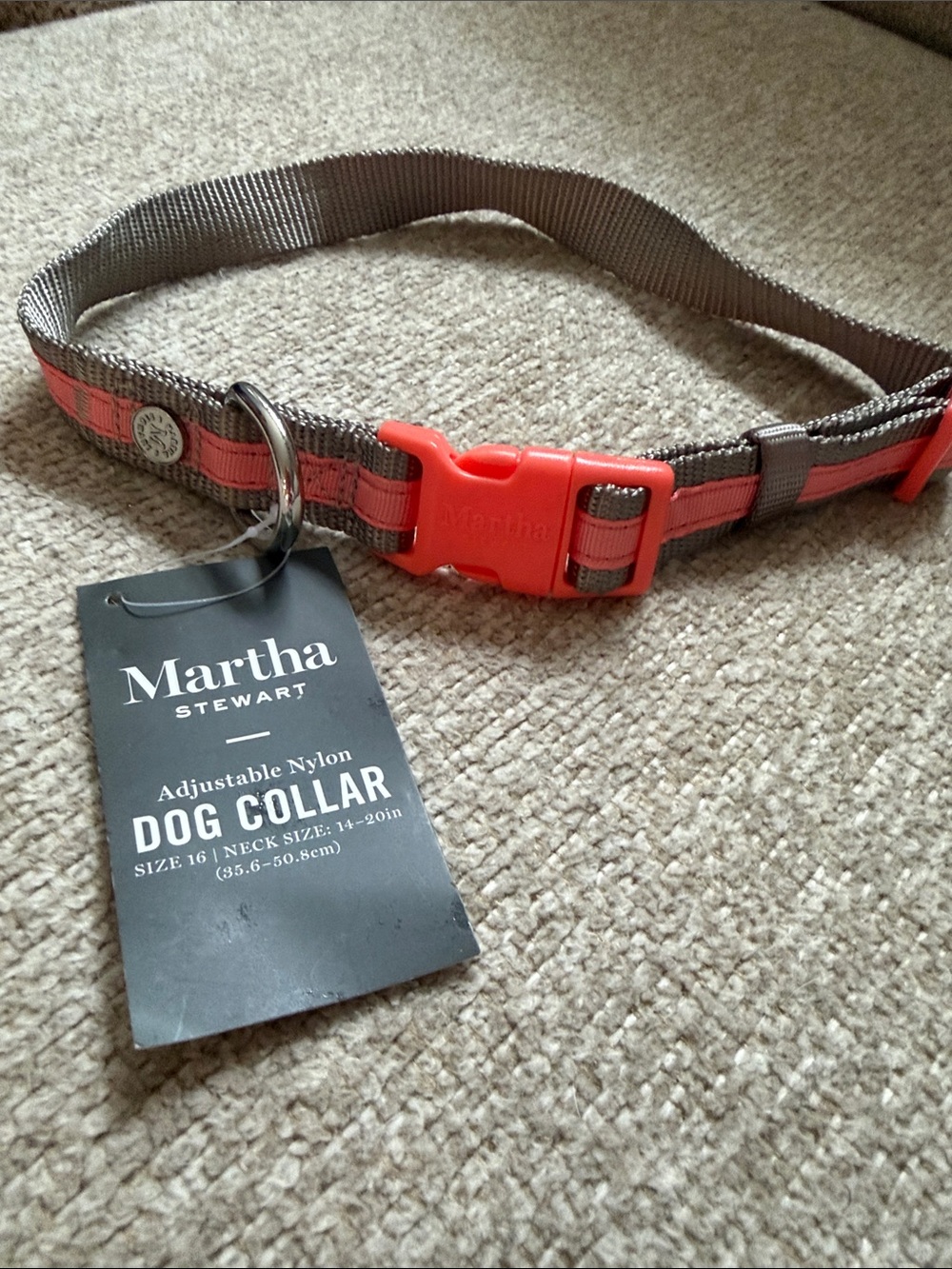 Martha Stewart Gray and Coral Nylon Adjustable Dog Collar